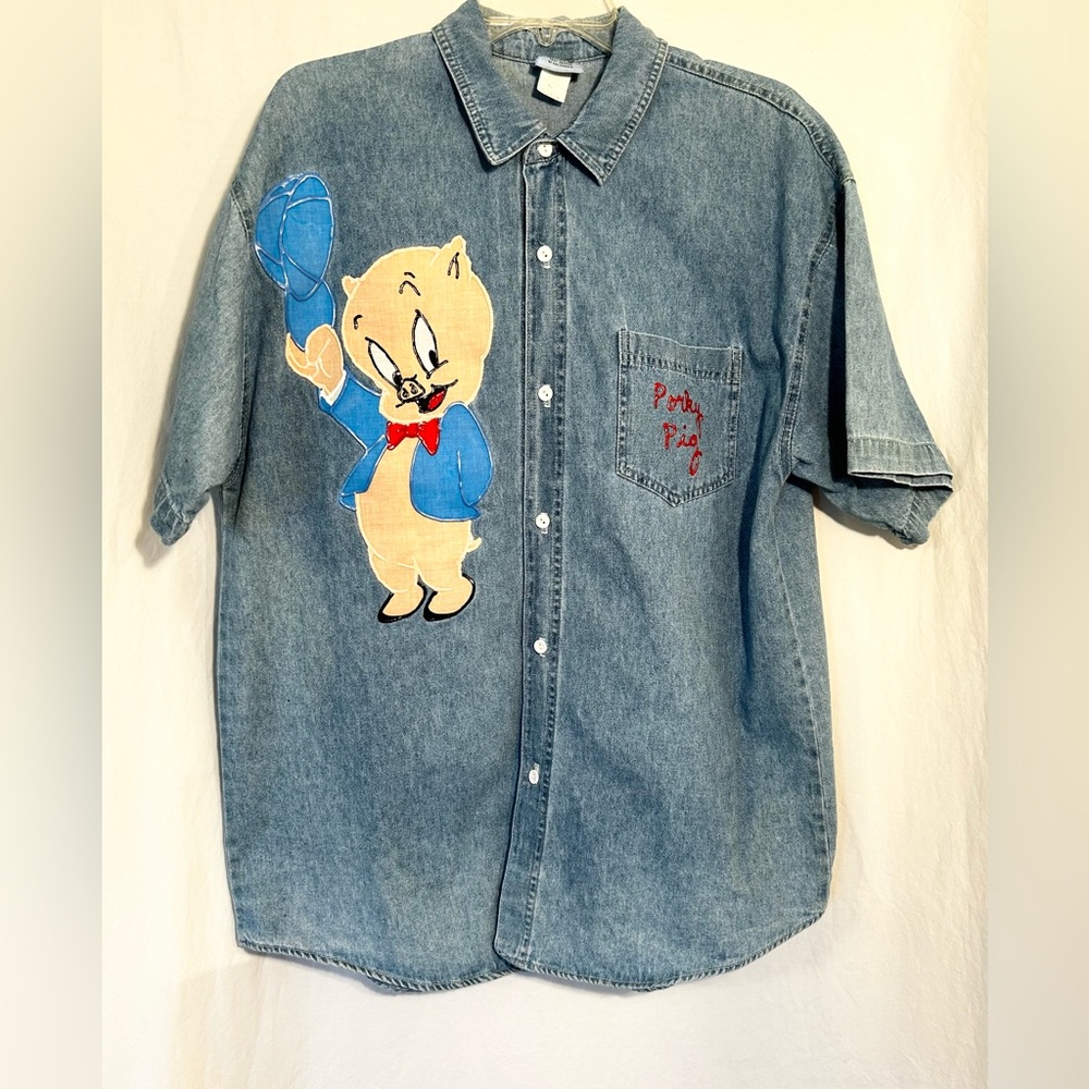 WOMENS LARGE PORKY PIG BLUE SHORT SLEEVE BUTTON FRONT DENIM SHIRT